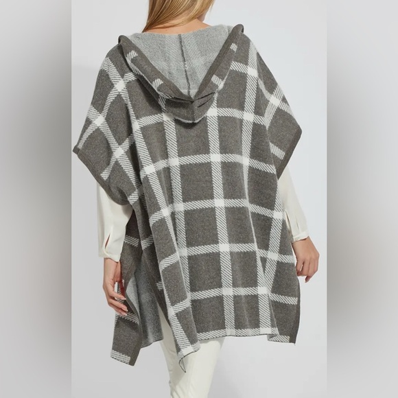 Lysse Tribeca Hooded Sweater Poncho Gray and White Plaid Open Cardigan - Picture 2 of 8
